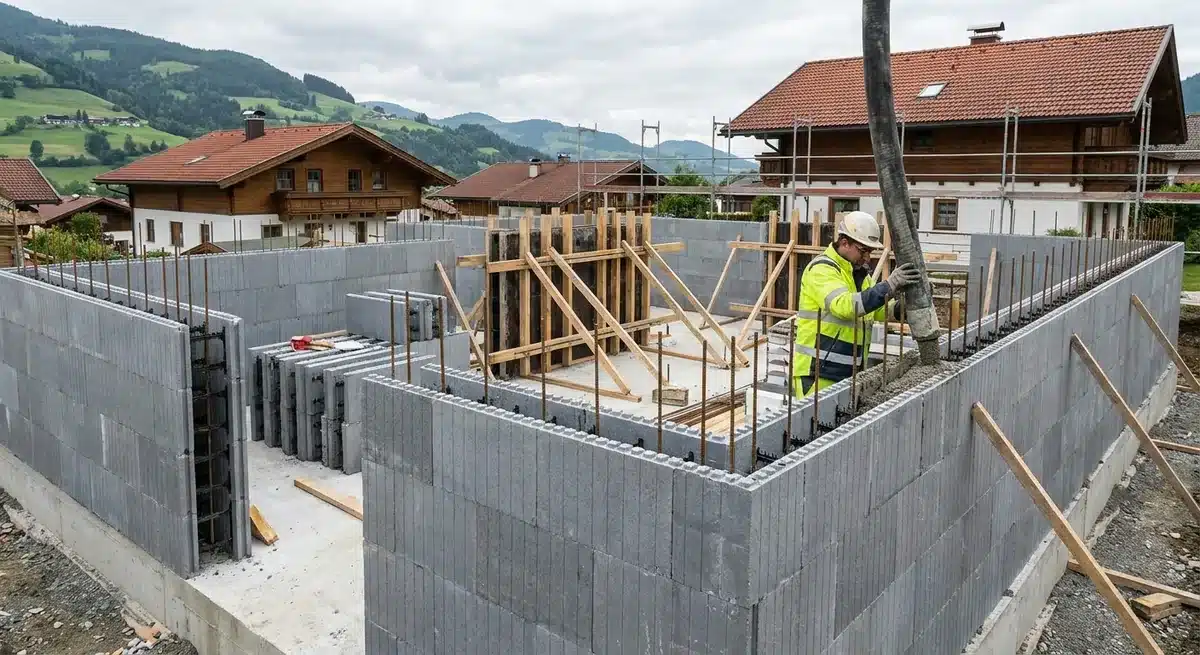 Baustelle in alpiner Lage: Wandelemente einer verlorenen Schalung werden mit Beton verfuellt
