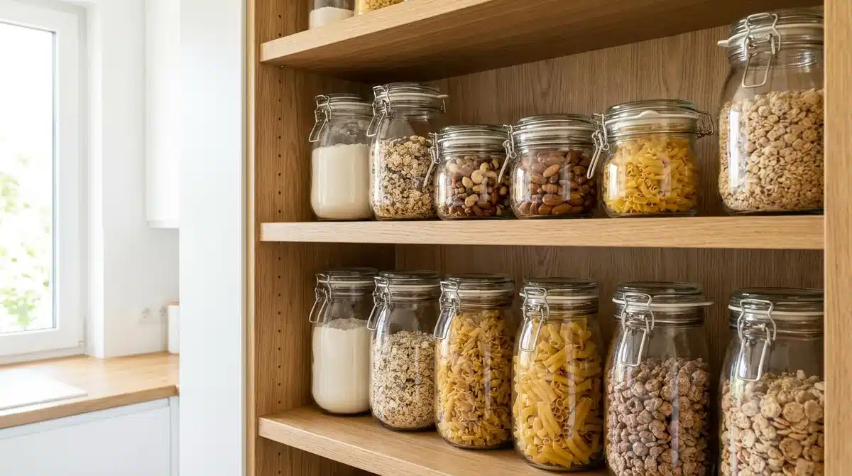 Luftdichte Vorratsgläser mit Mehl, Müsli, Nudeln und Nüssen in einer Speisekammer als Schutz vor Lebensmittelmotten