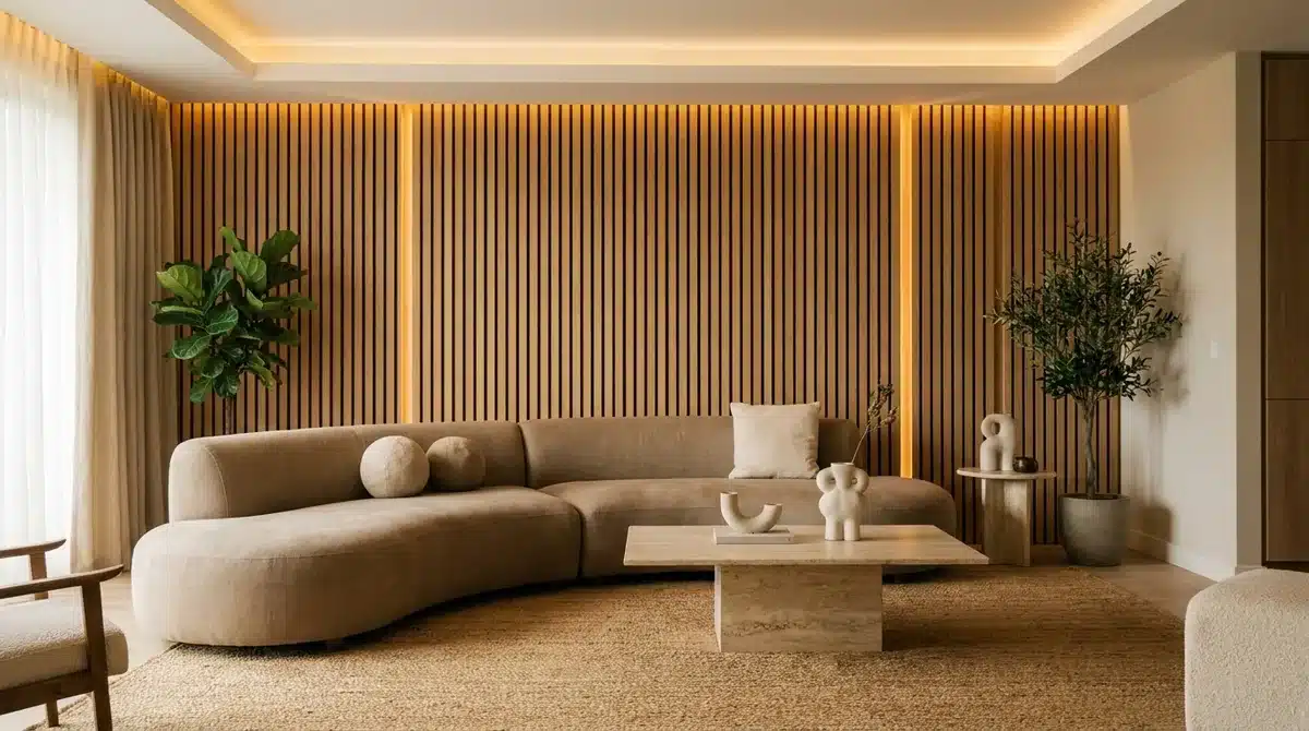 Wohnzimmer mit einer Wandverkleidung aus Holz-Akustikpaneelen hinter dem Sofa