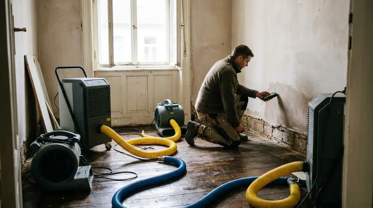 Techniker misst die Feuchtigkeit einer Wand neben laufenden Bautrocknern bei einer Wasserschadensanierung