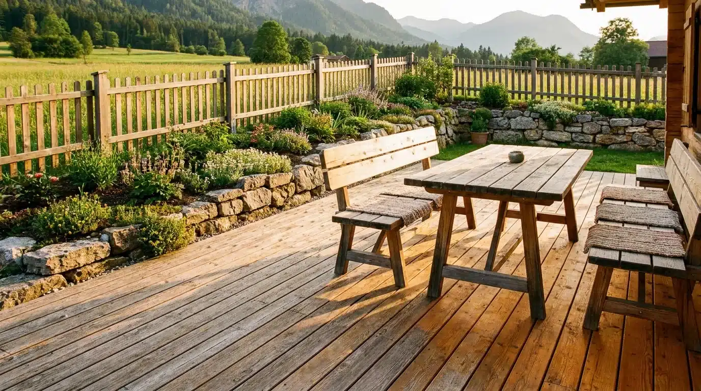 Lärchenholz-Terrasse mit Holzzaun und Gartenmöbeln in einem österreichischen Garten