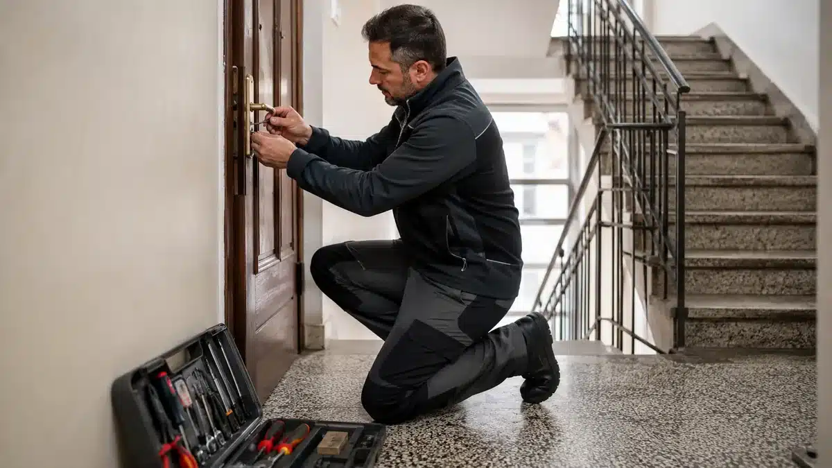 Schlosser öffnet eine versperrte Wohnungstür