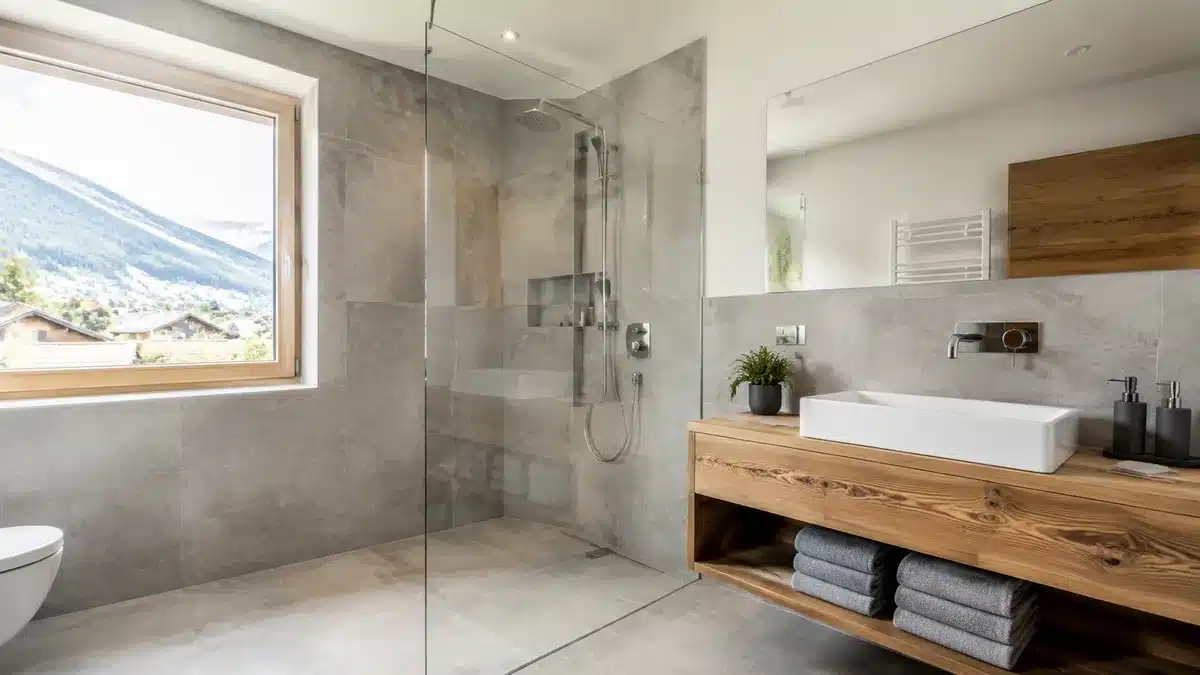 Frisch saniertes Badezimmer mit bodengleicher Dusche