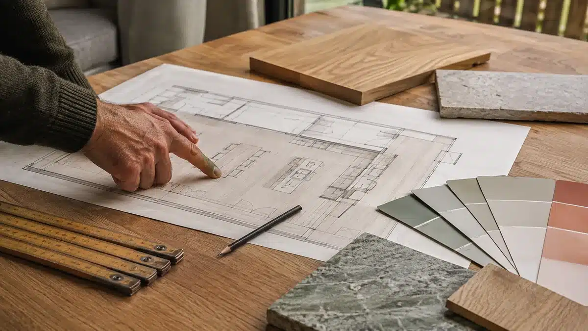 Küchenplanung mit Grundriss und Materialmustern