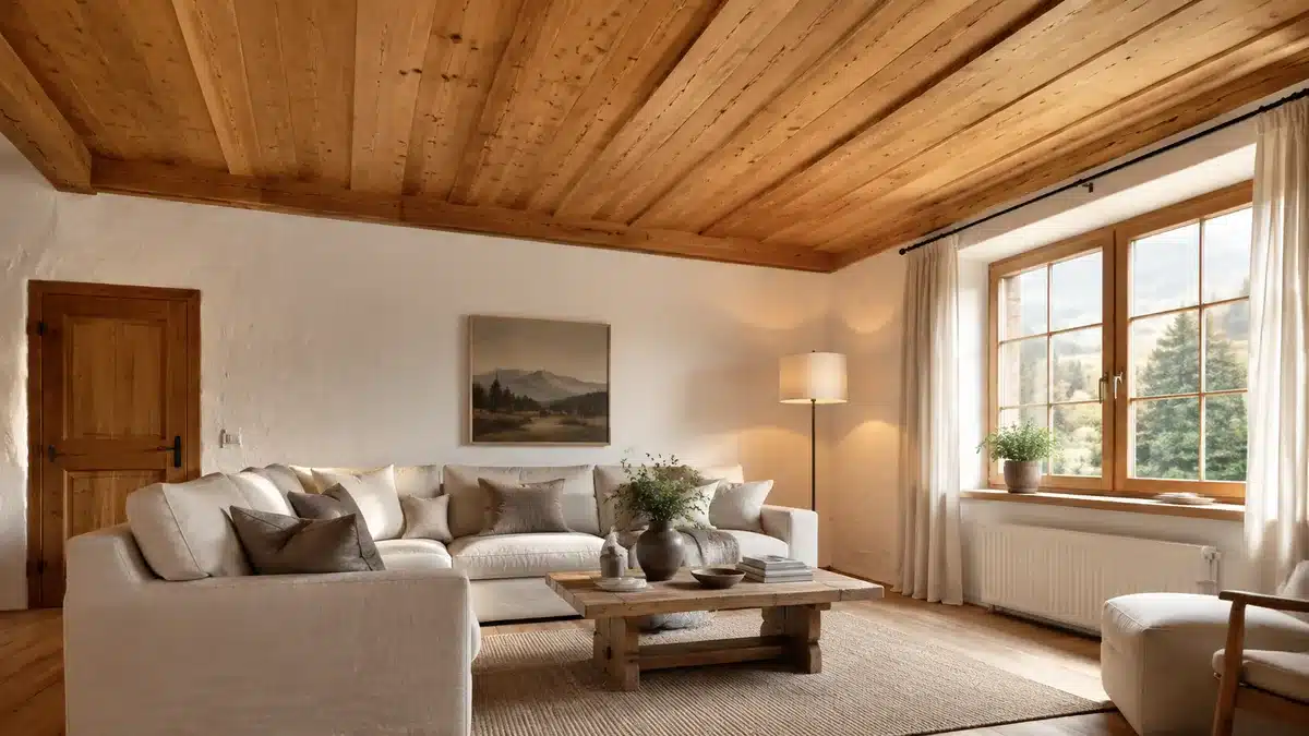 Wohnraum mit Holzdecke aus Massivholzpaneelen