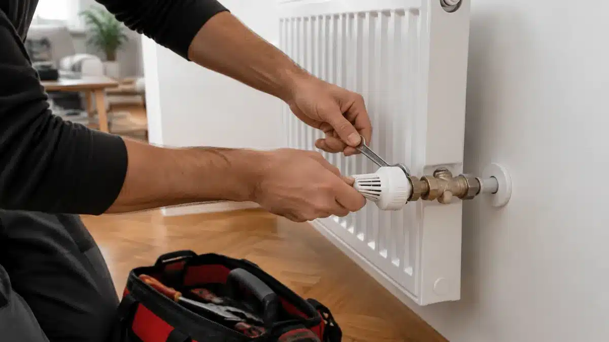 Heizungsfachmann stellt ein Thermostatventil ein