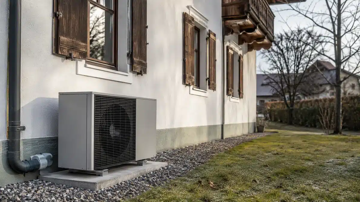 Luftwärmepumpe neben einem sanierten Altbau