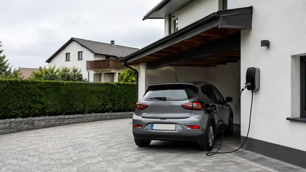 Wallbox an der Hauswand mit ladendem Elektroauto
